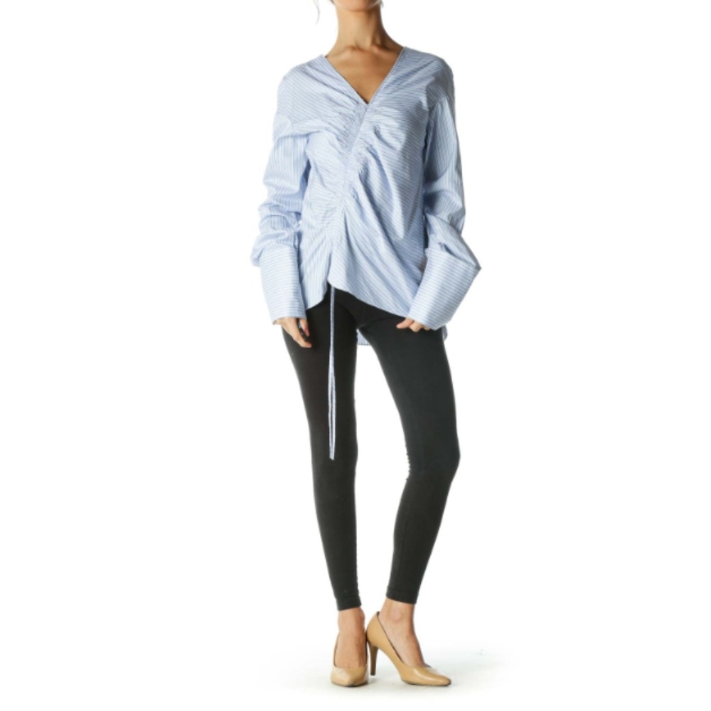 Teija Women's Blue Smocked Striped Cotton Blouse - Picture 2 of 8